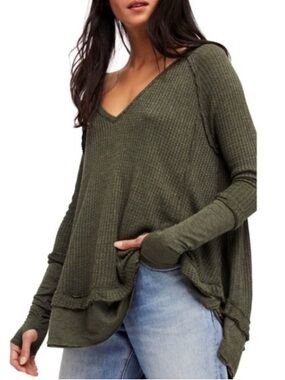 Free People We The Free Laguna Thermal Waffle Knit Raw Hem Oversized Long Sleeve